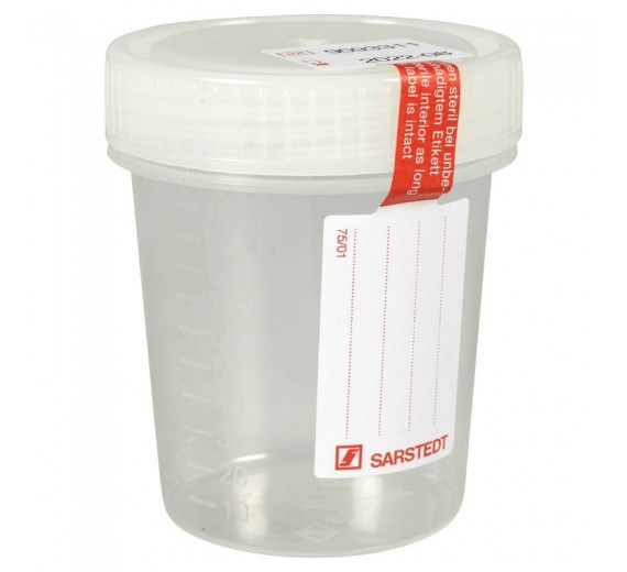 5 stk. urinprøve bæger, Sarstedt, med skrivefelt, 100 ml, steril.