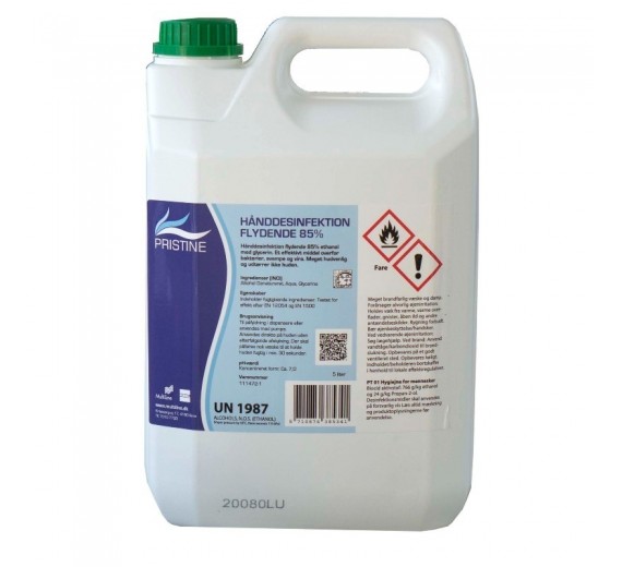 Pristine Hånddesinfektion flydende 85%, med Glycerin, til påfyldning 3 x 5 liter 