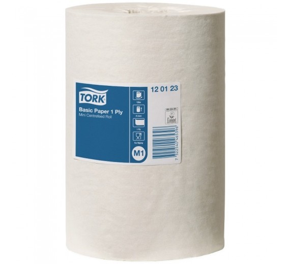 Håndklæderulle, Tork M1 Basic, 1-lags, Mini, hvid, 100% genbrugspapir, 11 ruller