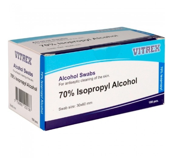 Injektionsserviet Vitrex, 70% isopropyl alkohol, 3x6 cm, 100 stk.