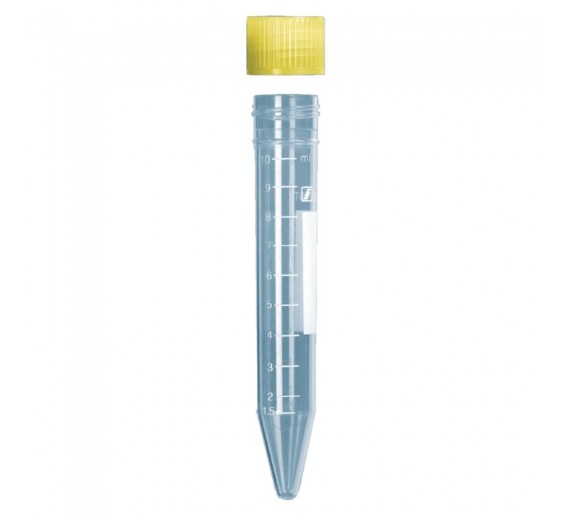 10 stk. urinprøverør, 10 ml, PS, med skruelåg og skrivefelt, spidsglas, steril.