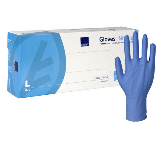 Lang undersøgelseshandske ABENA Excellent L blå nitril 100 stk.