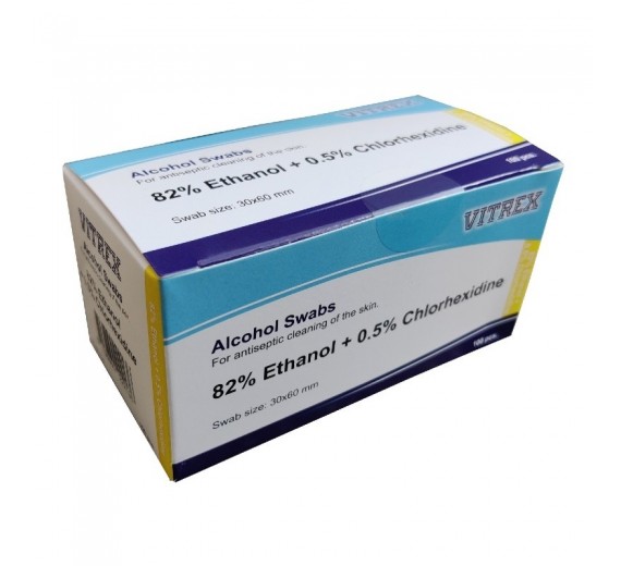 Injektionsserviet Vitrex, 82% ethanol 0,5% klorhexidin, 3x6 cm, 100 stk.