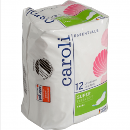 Hygiejnebind Caroli 28x9,5cm Ultra Pads Super med vinger 12 pakker